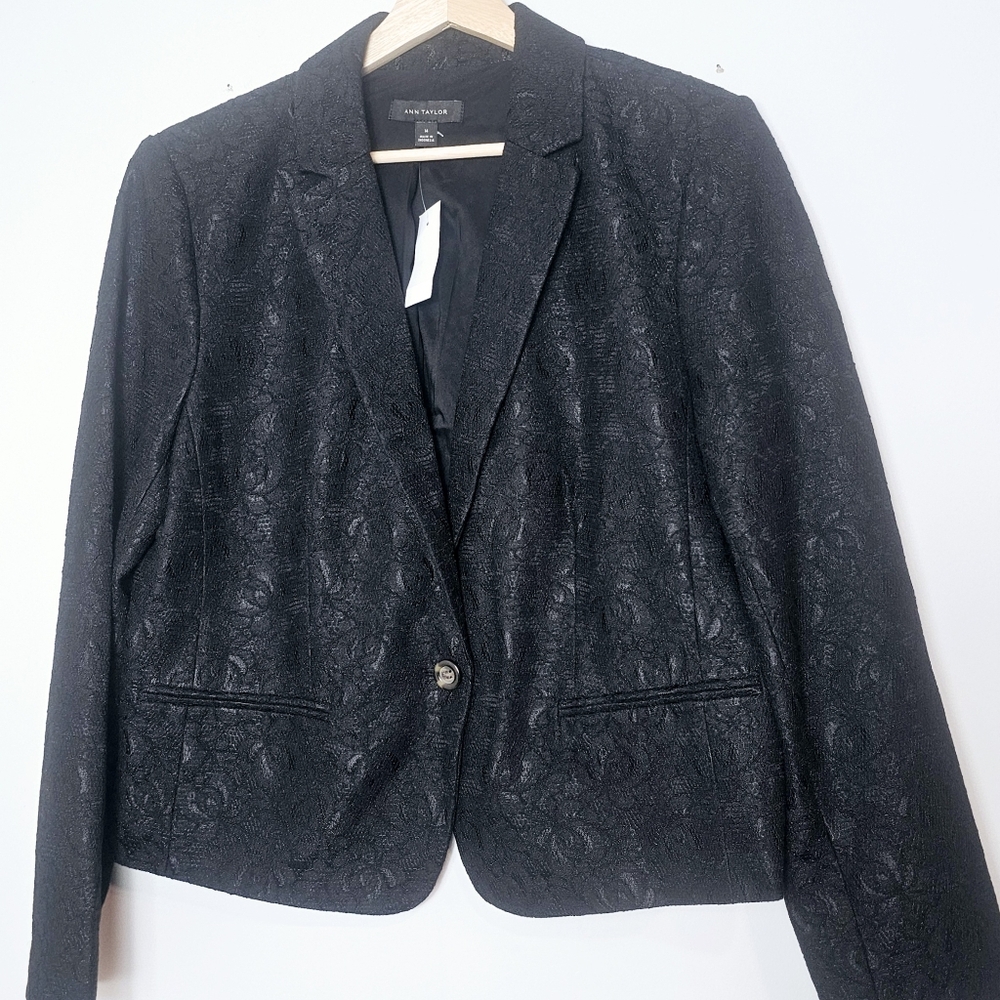 NWT Size 14 Black Lace Overlay One Button Business Casual Blazer Ann Taylor